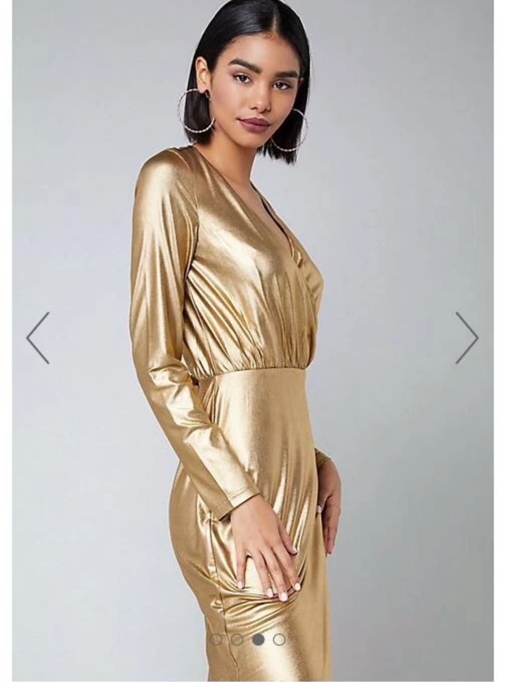 bebe Metallic Gold Wrap-Front Long Sleeve Midi Dress - Picture 4 of 9